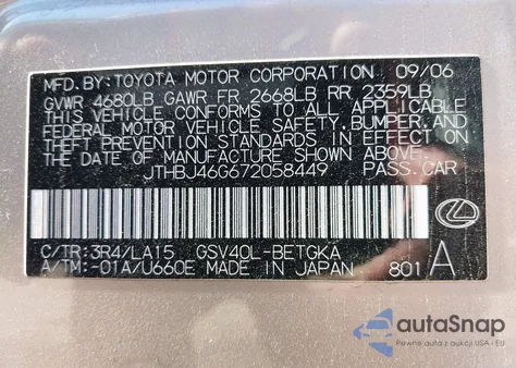 2007 Lexus Es 350 z USA, uszkodzony, nr VIN JTHBJ46G672058449